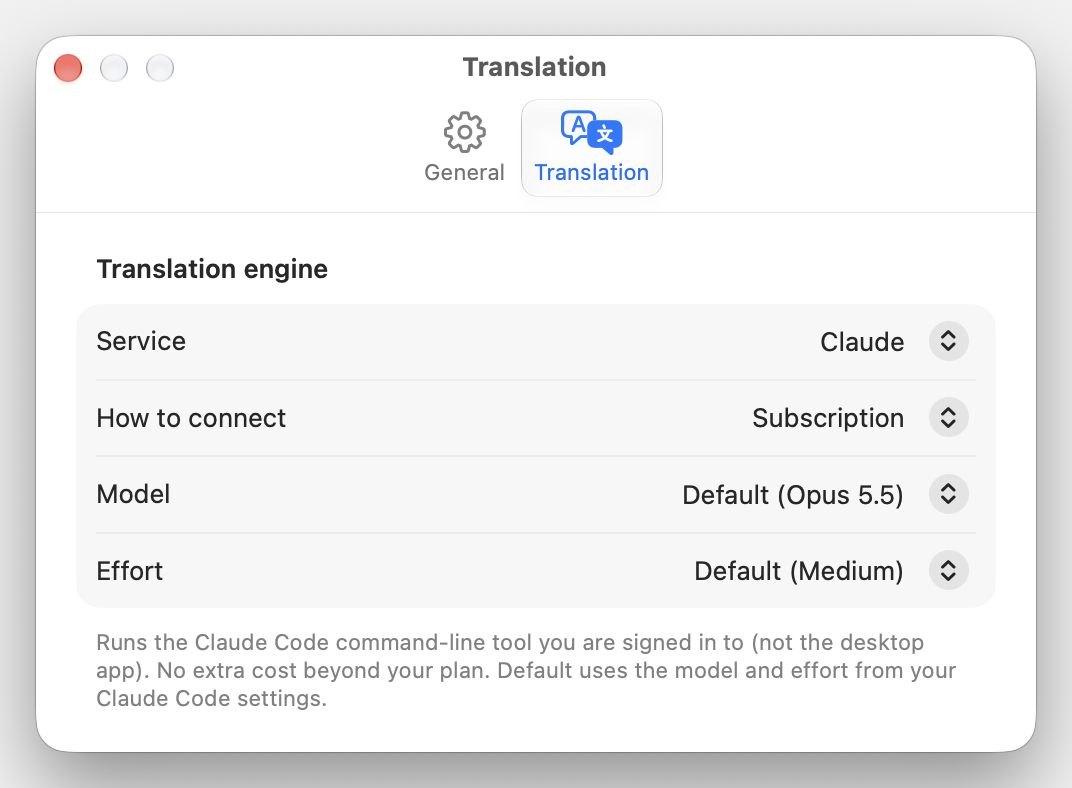 Settings, Translation pane with the engine, model and effort pickers